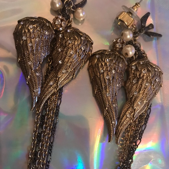 Long dangle fly with me heart wing earrings bj vtg